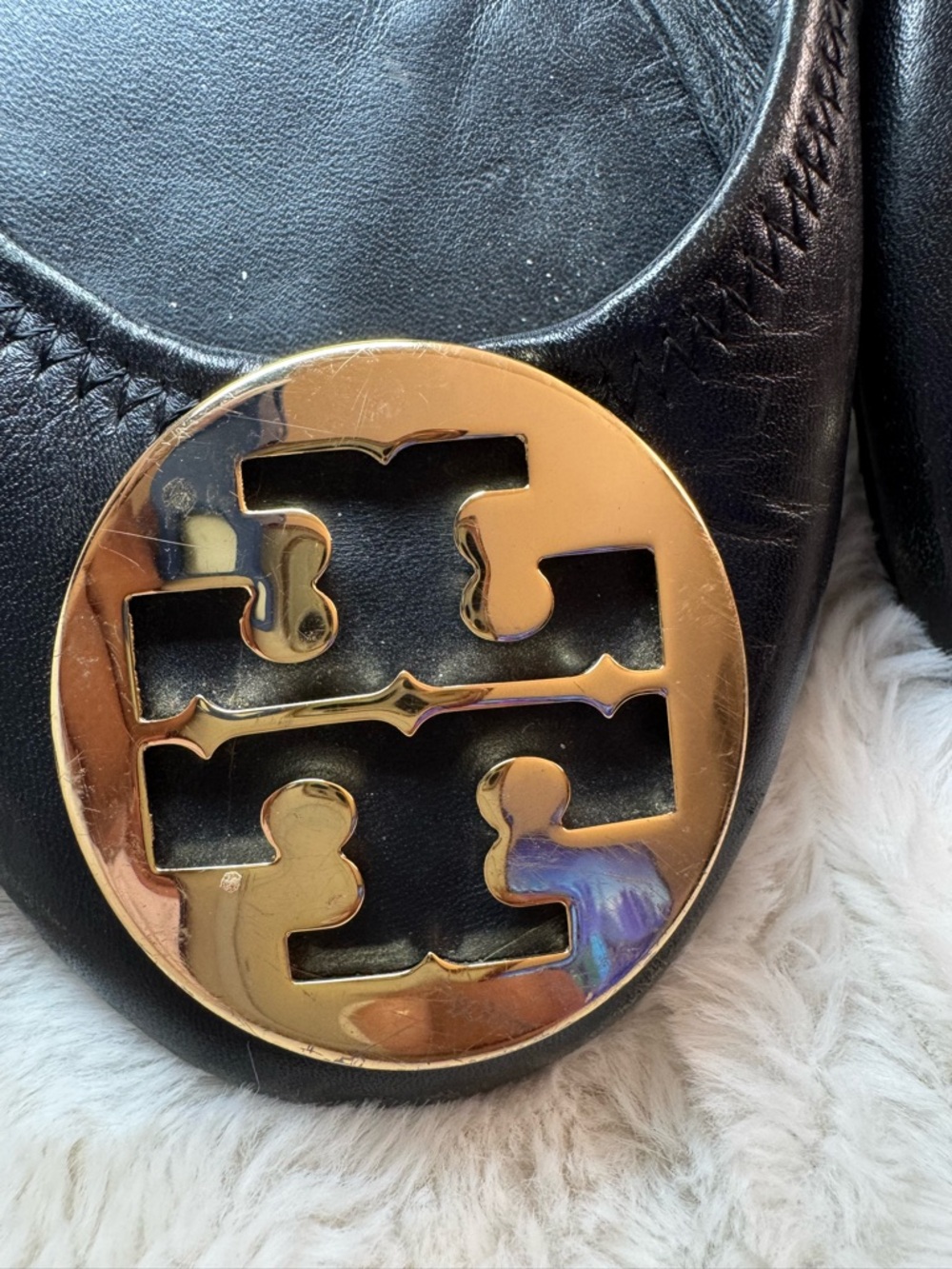 Tory Burch Black Leather Ballet Flats with Gold Logo Medallions - Picture 5 of 7